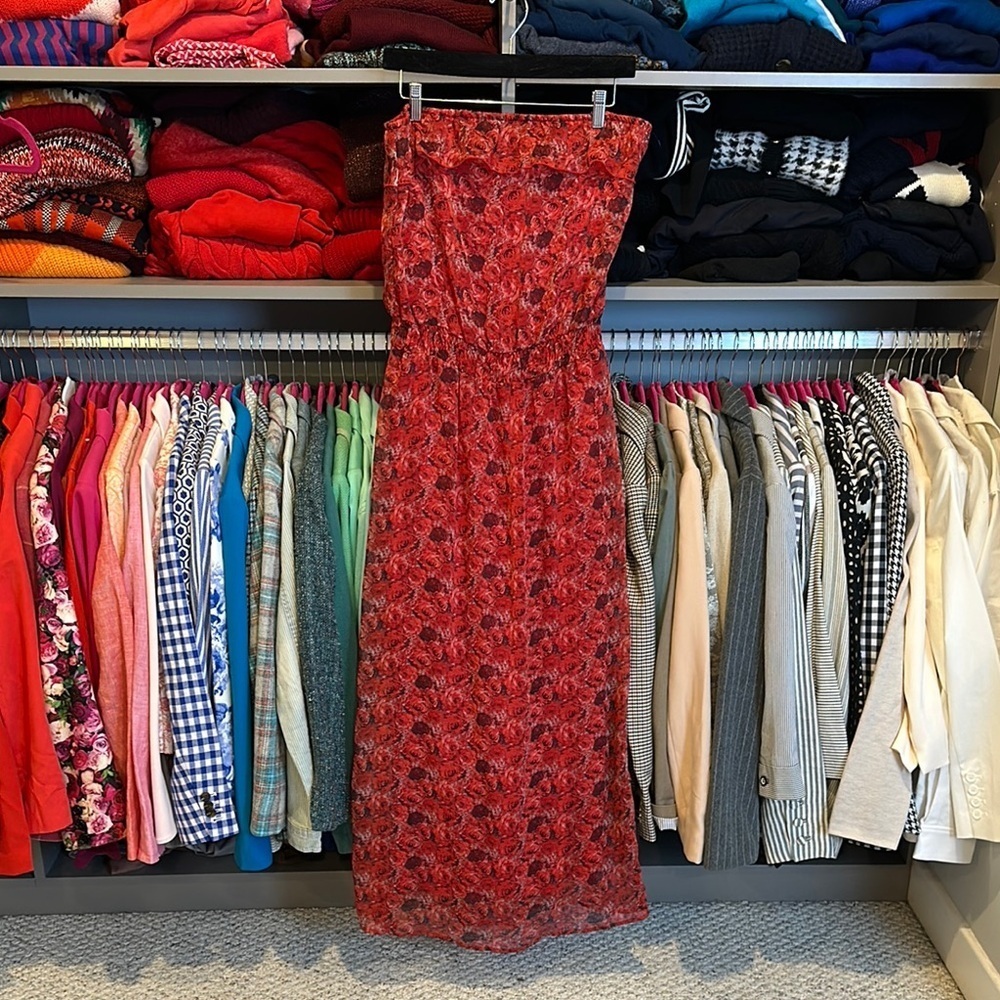 L8ter red roses strapless elastic waistband lined maxi dress size S